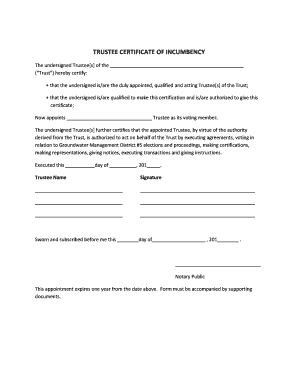 Trustee Certificate of Incumbency