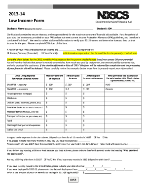 Low Income Form for Financial Aid Verification