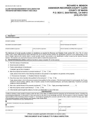 California Claim for Reassessment Exclusion for Transfer Between Parent and Child