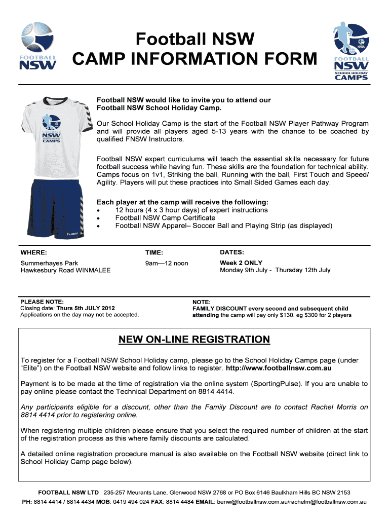 Fillable Online Football NSW CAMP INFORMATION FORM Play Football NSW
