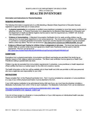 Maryland Child Care Health Inventory Form