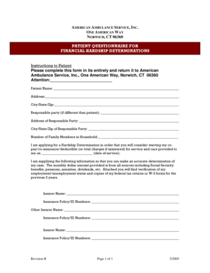 Patient Questionnaire for Financial Hardship Determination