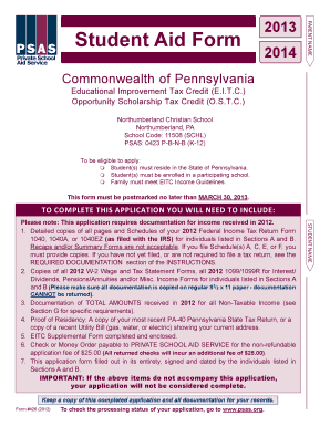Pennsylvania Student Aid Form 2013-2014