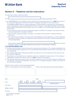 Ulster Bank OneCard Indemnity Form