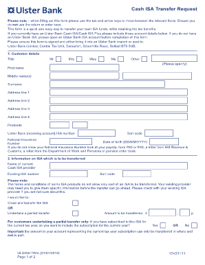 Ulster Bank Cash ISA Transfer Request