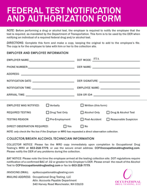 Federal Drug and Alcohol Test Notification Form