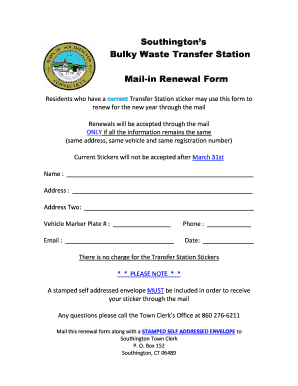 Southington Bulky Waste Transfer Station Mail-in Renewal Form