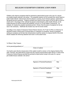 Religious Exemption Certification Form