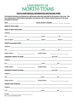 Youth Camp Medical Information and Release Form