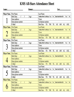 KMS All-Stars Attendance Sheet