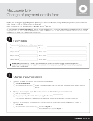 Macquarie Life Change of Payment Details Form