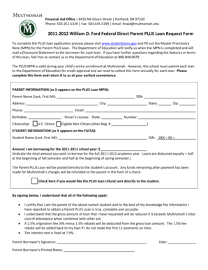 2011-2012 William D. Ford Federal Direct Parent PLUS Loan Request Form