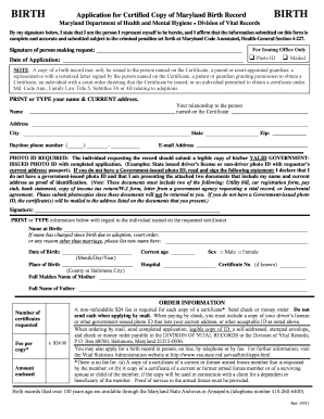 Maryland Birth Record Application