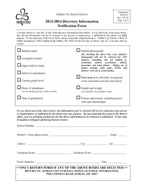 Dublin City Schools Directory Information Opt-Out Form