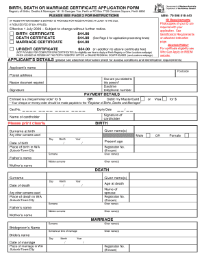 Birth, Death or Marriage Certificate Application Form