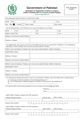 Application for Registration of Birth of a Child of Citizen of Pakistan Born in a Country Outside Pakistan