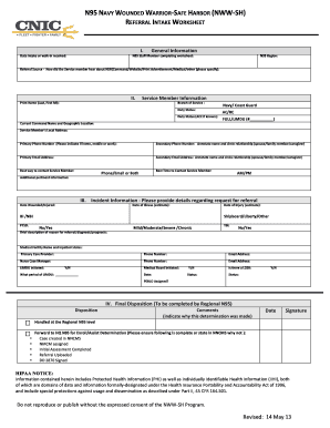 N95 Wounded Warrior-Safe Harbor Referral Intake Worksheet