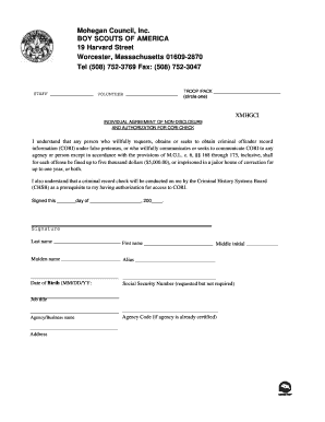 Boy Scouts of America Non-Disclosure and CORI Check Agreement