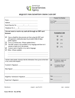 Request for Exemption from Cash EBT