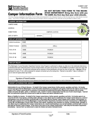 Washington County Summer Camp Camper Information Form
