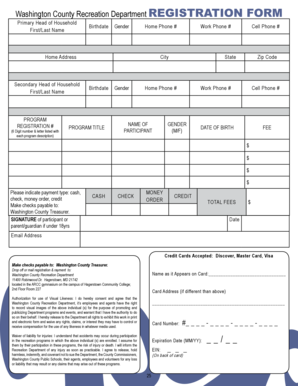 Washington County Recreation Program Registration Form
