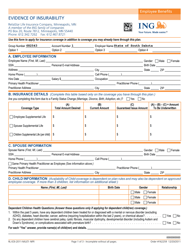 Fillable Online benefits sd Evidence of Insurability Form SD Benefits
