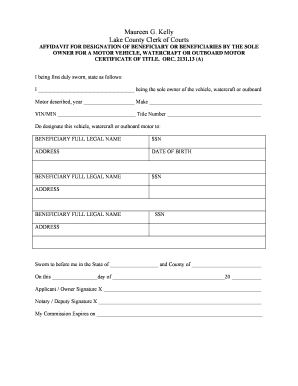 Affidavit for Designation of Beneficiary for Motor Vehicle