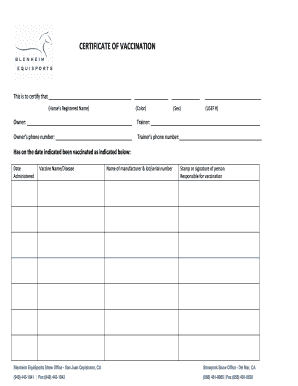 Certificate of Vaccination for Horses