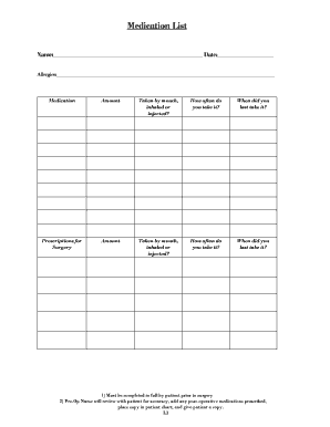 Pre-Operative Medication List Form