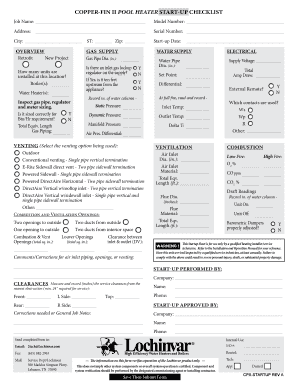 Copper-Fin II Pool Heater Start-Up Checklist