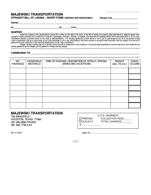 Straight Bill of Lading Short Form