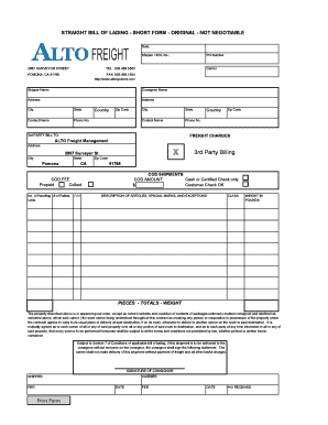 Straight Bill of Lading Short Form