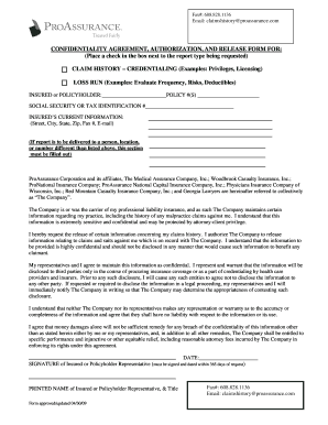 Confidentiality Agreement for Claim History Release
