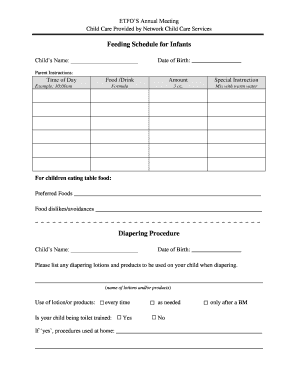 Child Care Feeding and Diapering Form