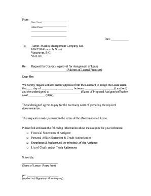 Request for Consent for Assignment of Lease