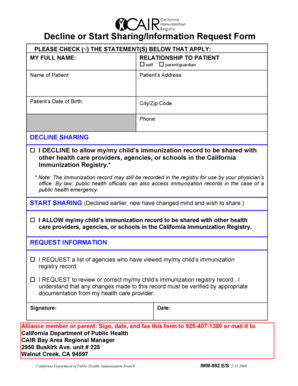 California immunization record form - Decline or Start Sharing/Information Request Form - alamedaalliance