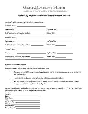 Georgia Home Study Program Employment Certificate