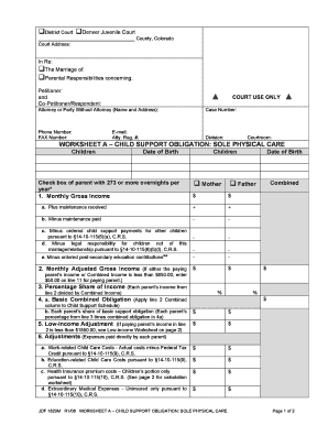 Colorado Child Support Obligation Worksheet