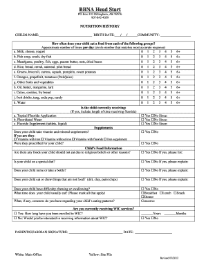 Child Nutrition History Form