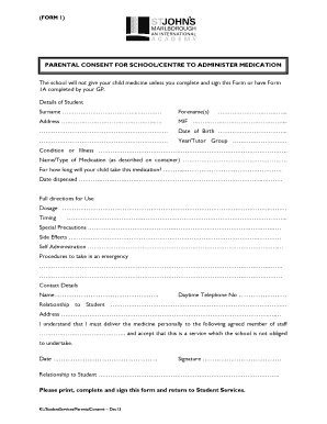 Parental Consent for School to Administer Medication