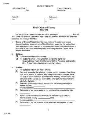 Vermont Divorce Decree Form 879L