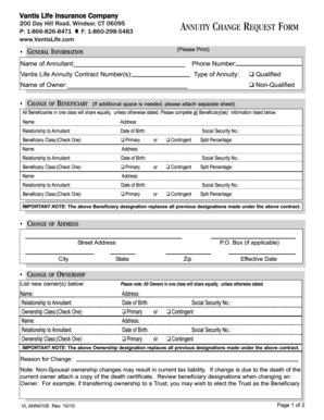 Vantis Life Annuity Change Request Form