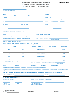 Prairie Teamsters Health and Welfare Plan Application