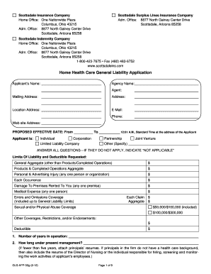 Home Health Care General Liability Application