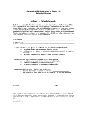 University of North Carolina at Chapel Hill Affidavit of Varicella Immunity