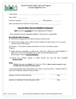 South Carolina State Vaccine Program Insured Eligibility Form