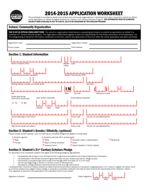21st Century Scholars Program Application Worksheet