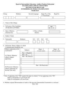 Andhra Pradesh Intermediate Exam Application Form