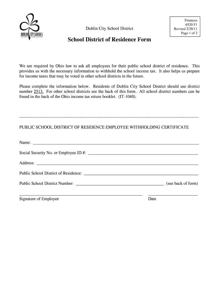 Fillable Online dublinschools School District of Residence Form