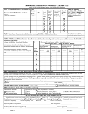Income Eligibility Form for Child Care Centers
